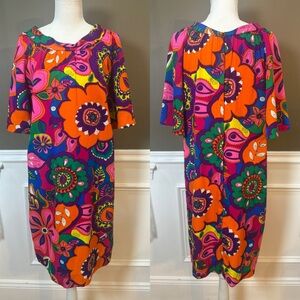 Vintage 70s Hawaiian Psychedelic Floral Shift Dress Royal Hawaiian M